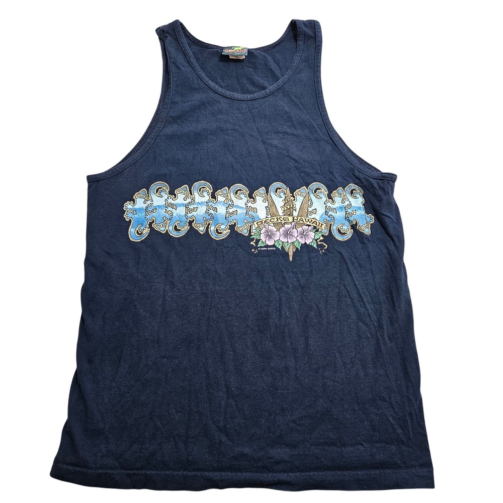 Gecko Hawaii Tank Top Medium Navy Blue Vintage Surf Graphic Sleeveless Shirt